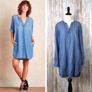 Anthropologie S Cloth Stone Elena Chambray Denim Tencel Mini Tunic Shirt Dress